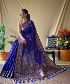 Women's Violet Banarasi Silk Floral Woven Border and Pallu Saree