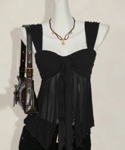 Sleeveless Tie Front Pleated Ruffle Top in Black