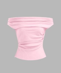 Solid Color Off-Shoulder Ruched Baby Pink Top