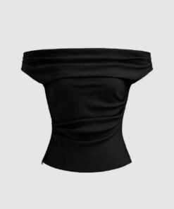 Solid Color Off-Shoulder Ruched Black Top
