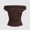 Solid Color Off-Shoulder Ruched Chocolate Brown Top