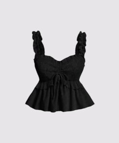 Solid Ruffle Front Tie Bow Sleeveless Black Crop Top