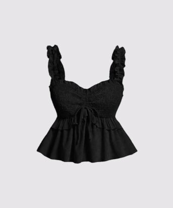 Solid Ruffle Front Tie Bow Sleeveless Black Crop Top