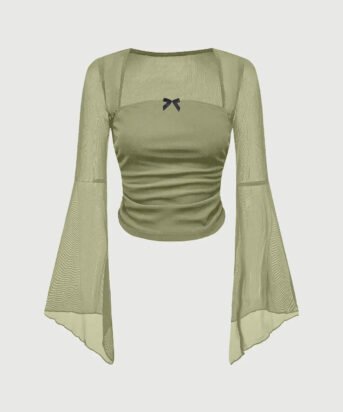 Square Neck Bow Decorated Long Sleeve Green Top