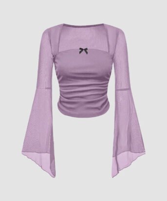 Square Neck Ruched Mesh Flared Long Sleeve Top in Purple