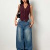 Structured V-Neck Buttoned Sleeveless Vest Top in Maroon