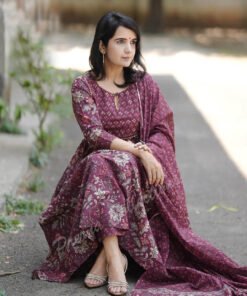 Women's Purple Rayon Flower Printed Anarkali Set