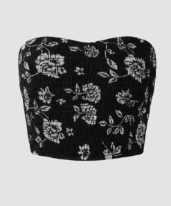 Mesh Floral Print Strapless Corset Top In Black