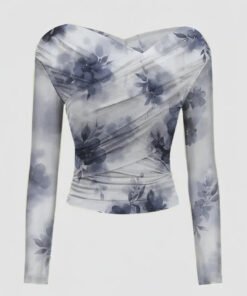 Floral Print Mesh Long Sleeve Fitted Top in Multi