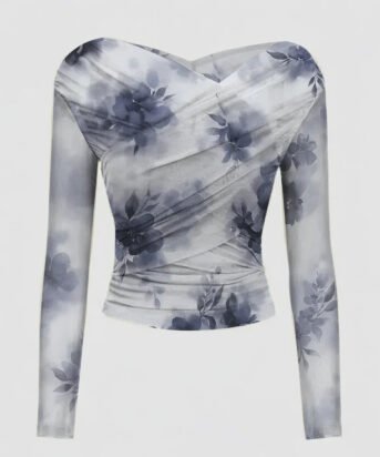 Floral Print Mesh Long Sleeve Fitted Top in Multi