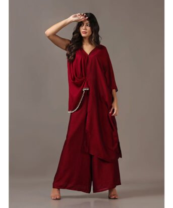 Hello Hi Maroon Asymmetrical Top with Flared Pants (Set of 2)