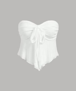 V-Neck Ruffle Trim Self-Tie Knot Cropped White Strapless Top