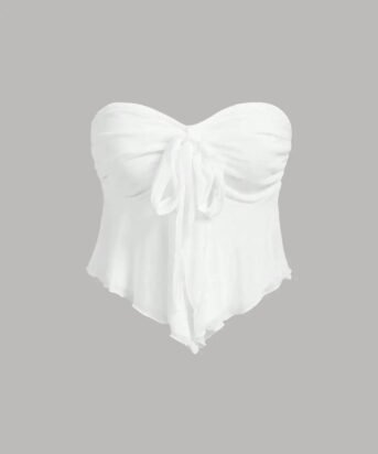 V-Neck Ruffle Trim Self-Tie Knot Cropped White Strapless Top