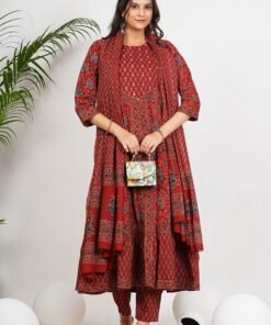 Women's Maroon Cotton Floral Print With Ruffled Anarkali Set