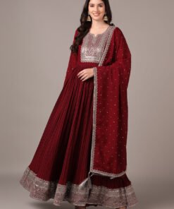 Women's Magenta Georgette Solid Yoke Design Sequinned Anarkali Kurta With Dupatta
