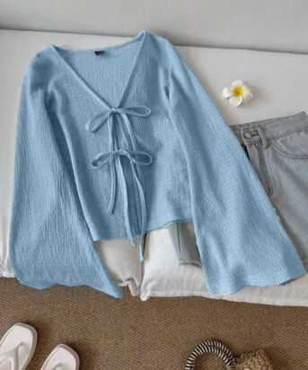 V Neck Front Bow Tie Flared Sleeve Top in Blue