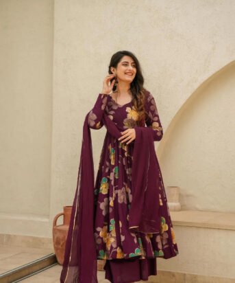 Women's Wine Rayon Printed Anarkali Set