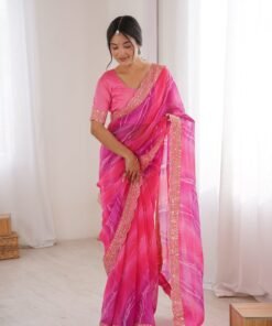 Women's Pink Georgette Chiffon Embroidery Work Saree