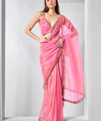 Women's Pink Heavy Gold Twills Net With Real Mirror Work Saree