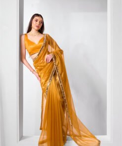Women's Yellow Heavy Gold Twills Net With Real Mirror Work Lace Border Saree