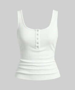 White Ribbed Scoop Neck Tank Top with Buttons