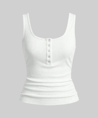 White Ribbed Scoop Neck Tank Top with Buttons