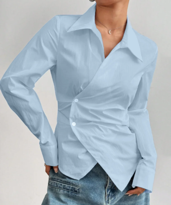 Wrap Style Collared V Neck Full Sleeve Shirt in Sky Blue