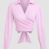 Wrap Tie Collared Long Sleeve Top
