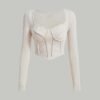 Y2K Corset Style Full Sleeve Ribbed Trending Top In Apricot