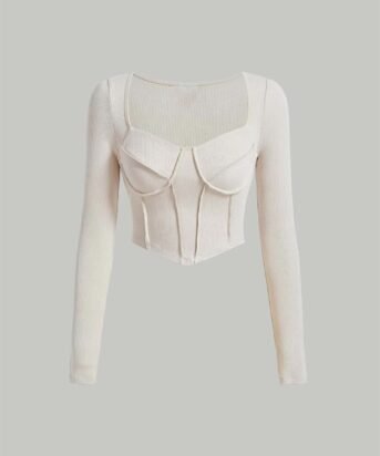 Y2K Corset Style Full Sleeve Ribbed Trending Top In Apricot
