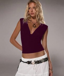 Deep V-Neck Ruched Sleeveless Crop Top in Maroon
