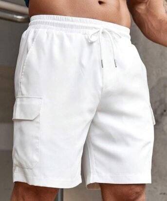 Men Patched Flap Pockets White Cargo Shorts