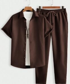 Men Vacation Solid Color Casual Shirt And Long Pants Set In Coco Brown