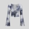 Floral Print Tie Front V-Neck Bell Sleeve Mesh Crop Top