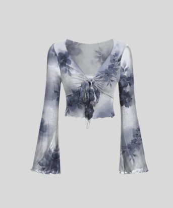 Floral Print Tie Front V-Neck Bell Sleeve Mesh Crop Top