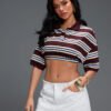 Striped Collar Neck Half Sleeve Crop Top