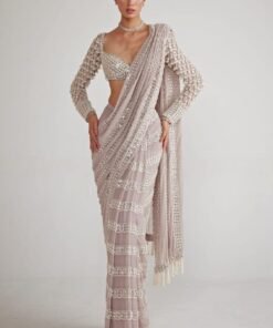 Ash Pink Chandelier Pearl Drop Pre Draped Saree