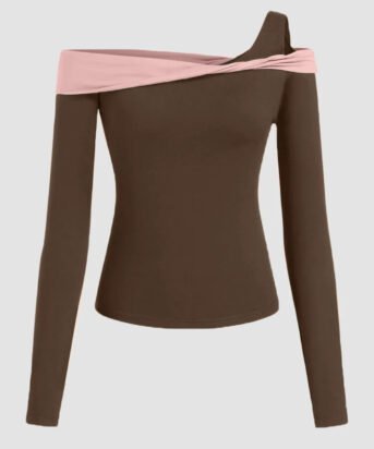 Rose and Brown Color block Off Shoulder Full Sleeve Top