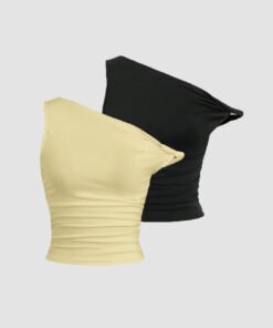 Combo of 2: One-Shoulder Ruched Crop Top in Black and  Vanilla