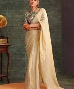 Beige Floral Printed Pre-Stitched Tissue Saree With Blouse
