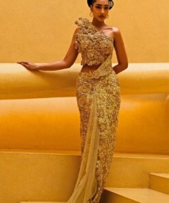 Beige Gold And Yellow Chiffon Pre Draped Saree