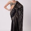 Black Pre Draped Saree With Embroidered Mirror Blouse