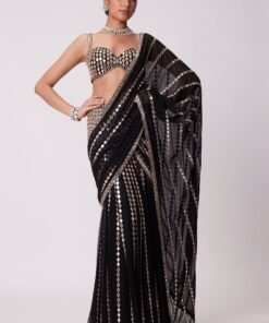 Black Pre Draped Saree With Embroidered Mirror Blouse