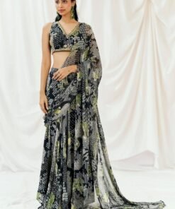 Black Printed Georgette Predraped Saree