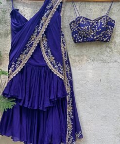Blue Draped Ruffle Embroidered Saree