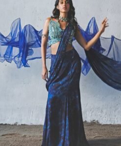 Blue Printed Chiffon Pre-Draped Saree