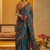 Blue Printed Organza Pre-Drape Saree Set