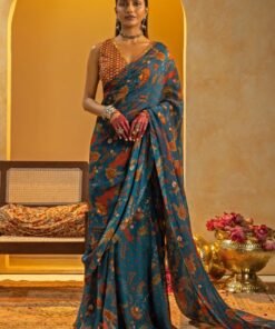 Blue Printed Organza Pre-Drape Saree Set
