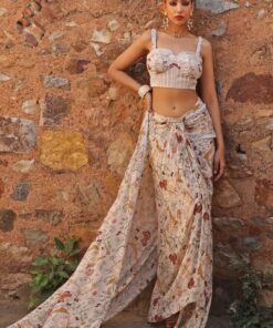 Blush Pink Draped Printed Saree Skirt Set