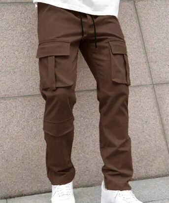 Men Solid Color Front Tie Pocket Simple Casual Straight Leg Cargo Pants In Chocolate Brown